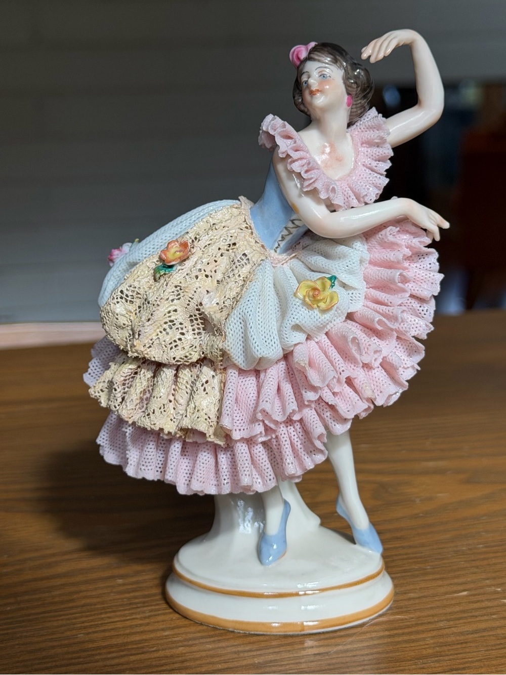 Vintage Volkstedt Porcelain Ballerina Figurine in Pink and Blue Collectible